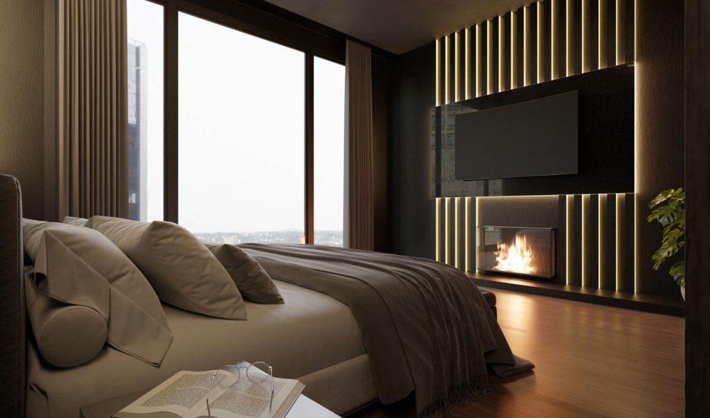 3D wnętrze ciemnej sypialni, czarne ściany, luksusowy pokój, apartament. hotel, pomysł na projekt, duże łóżko i rośliny. przytulna atmosfera, płonący kominek, telewizor