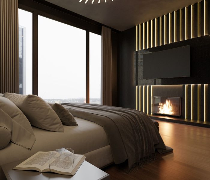 3D wnętrze ciemnej sypialni, czarne ściany, luksusowy pokój, apartament. hotel, pomysł na projekt, duże łóżko i rośliny. przytulna atmosfera, płonący kominek, telewizor