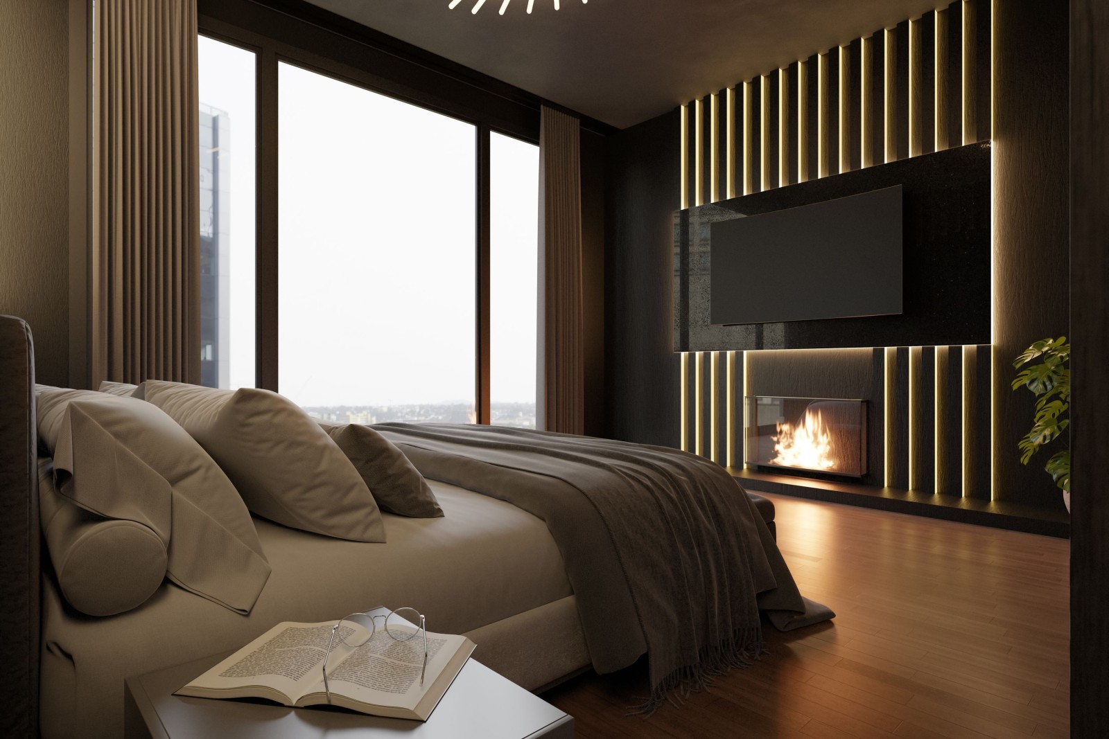 3D wnętrze ciemnej sypialni, czarne ściany, luksusowy pokój, apartament. hotel, pomysł na projekt, duże łóżko i rośliny. przytulna atmosfera, płonący kominek, telewizor