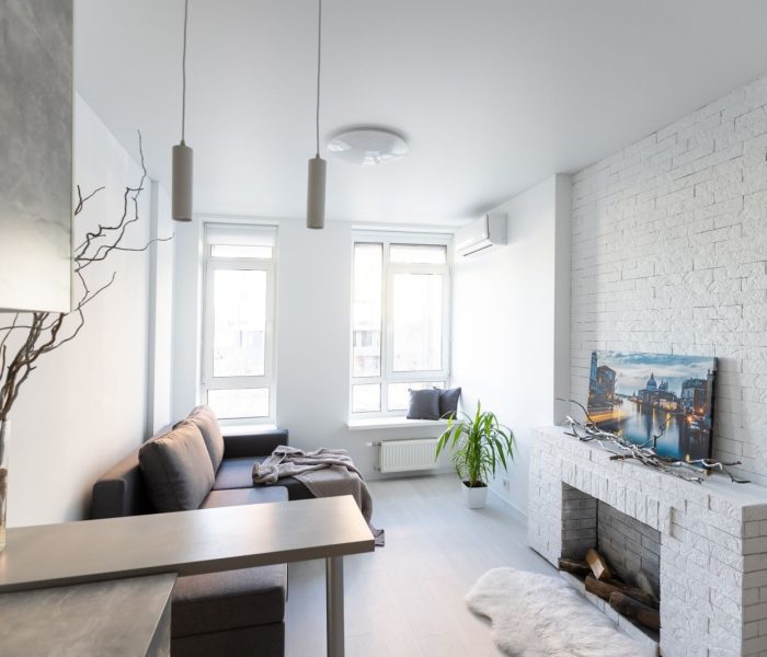 Wnętrze małego salonu z wyposażoną kuchnią w apartamentach typu studio w minimalistycznym stylu z jasnym kolorem