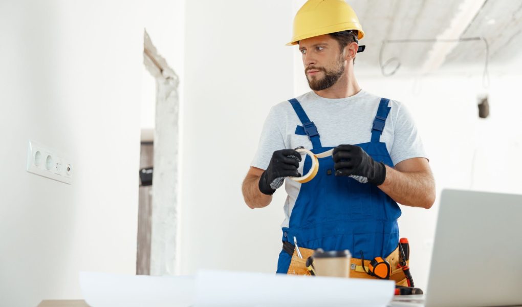 Zapracowany złota rączka, elektryk używający taśmy izolacyjnej podczas instalowania nowego gniazdka elektrycznego w mieszkaniu