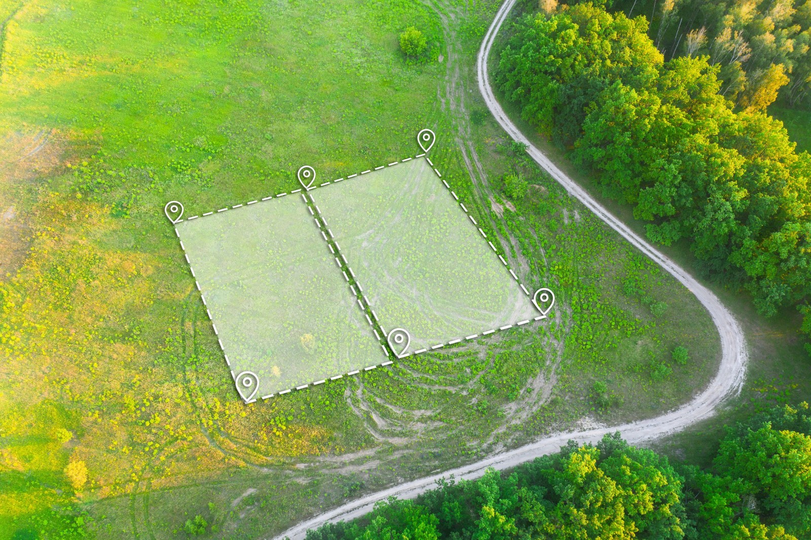 Działka pod zabudowę mieszkaniową na zielonym polu - ujęcie z drona. Oznaczenie topograficzne dwóch działek pod budowę prywatnej rezydencji. Oznaczenie planu działki z białą nakładką.