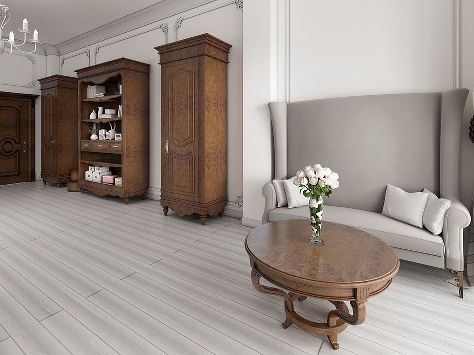 Sofa Art Deco z wysokim oparciem i dwoma klasycznymi szafkami ze stelażem w kolorze brązowym. Render 3D.