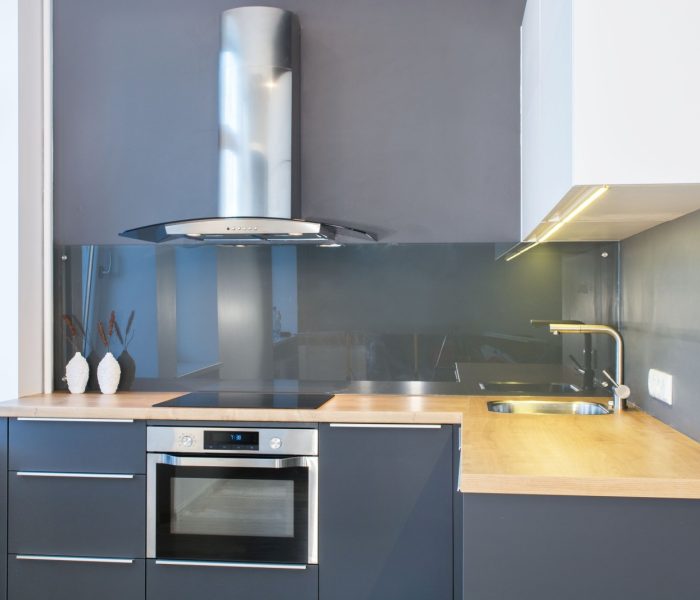 Nowoczesne meble kuchenne we wnętrzu mieszkania z drewnianymi akcentami. Oświetlenie ledowe. Europejski, skandynawski styl. Malowane szare fasady. Szklany panel ścienny. Zarządzanie projektem. Nieruchomości. Wynajem. Sprzedaż.