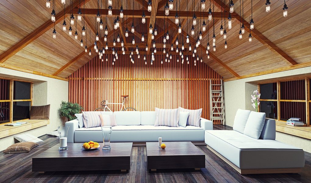 Piękne nowoczesne wnętrze loft wieczorem. Projekt koncepcyjny 3d.