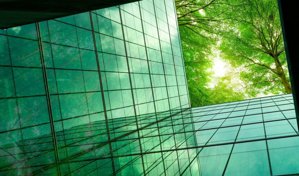 Ekologiczny budynek w nowoczesnym mieście. Zielone gałęzie drzew z liśćmi i zrównoważony szklany budynek redukujący ciepło i dwutlenek węgla. Budynek biurowy z zielonym środowiskiem. Zielona koncepcja.