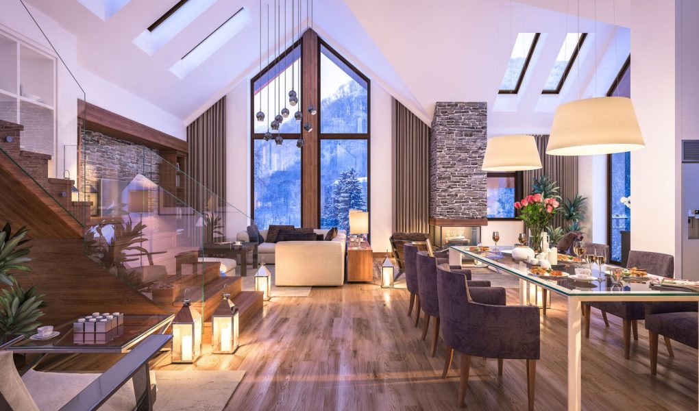 Rendering 3D przytulnego salonu w mroźną zimową noc w górach wieczorne wnętrze domku ozdobione świecami kominek wypełnia pomieszczenie ciepłem.