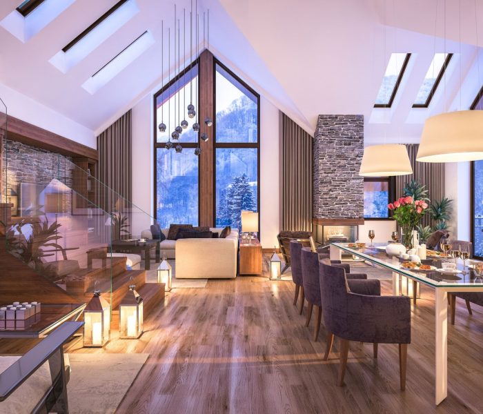 Rendering 3D przytulnego salonu w mroźną zimową noc w górach wieczorne wnętrze domku ozdobione świecami kominek wypełnia pomieszczenie ciepłem.