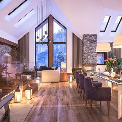 Rendering 3D przytulnego salonu w mroźną zimową noc w górach wieczorne wnętrze domku ozdobione świecami kominek wypełnia pomieszczenie ciepłem.