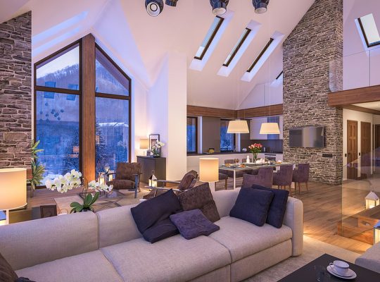 Rendering 3D przytulnego salonu w mroźną zimową noc w górach wieczorne wnętrze domku ozdobione świecami kominek wypełnia pomieszczenie ciepłem.