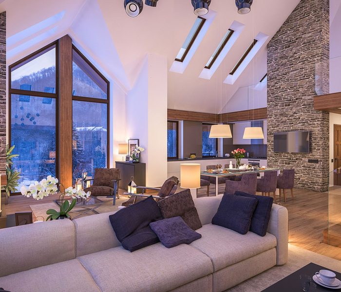 Rendering 3D przytulnego salonu w mroźną zimową noc w górach wieczorne wnętrze domku ozdobione świecami kominek wypełnia pomieszczenie ciepłem.