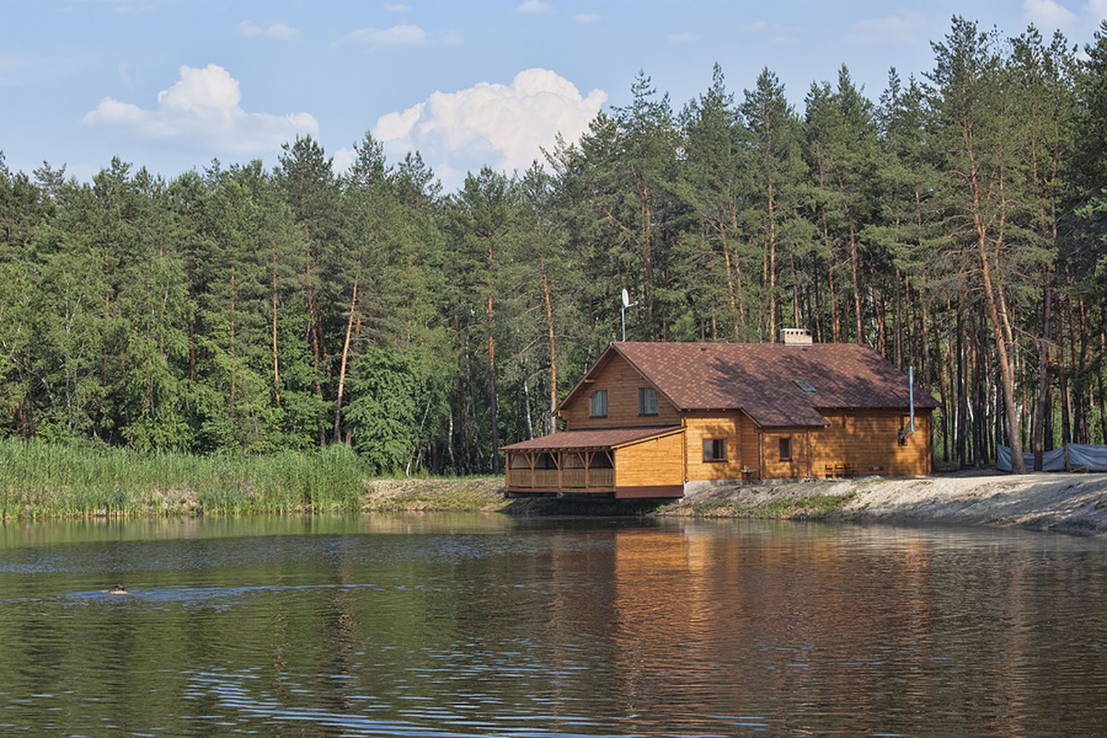 Drewniany dom w lesie nad jeziorem