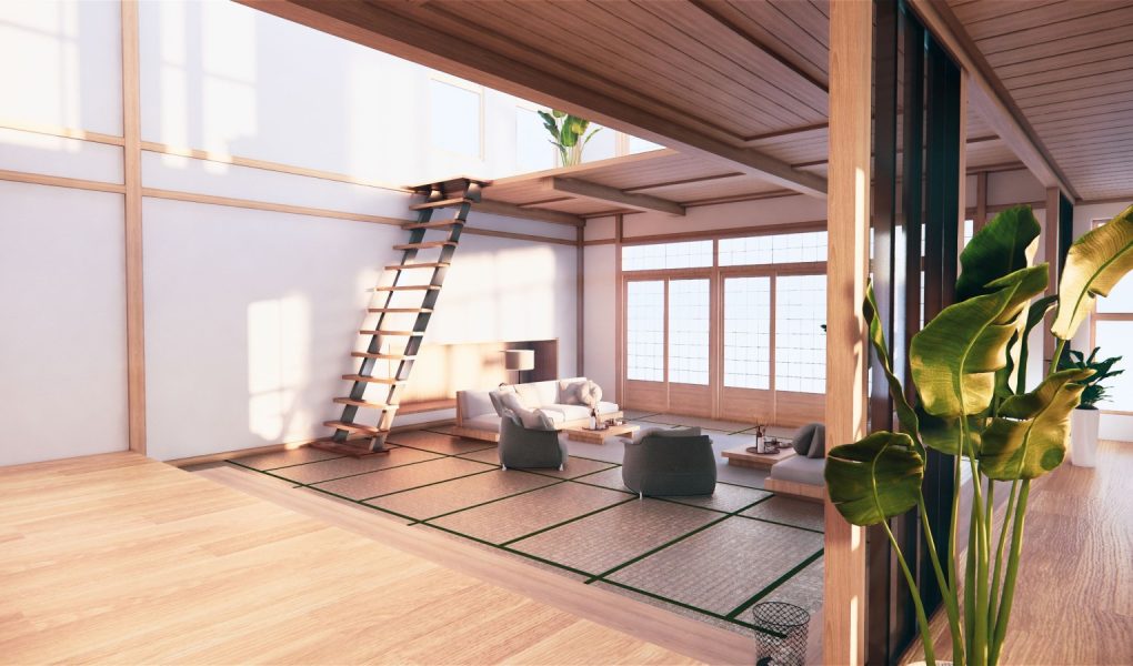 Wnętrze pierwszego piętra dwupiętrowego domu w japońskim stylu. Renderowanie 3D