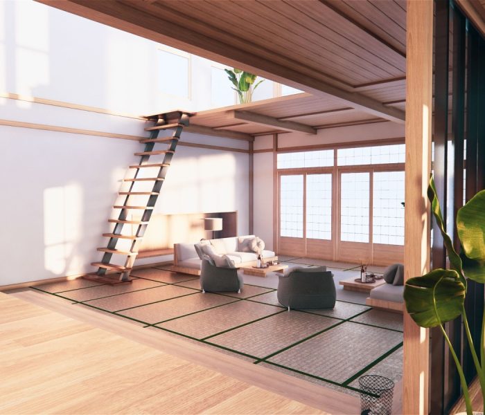 Wnętrze pierwszego piętra dwupiętrowego domu w japońskim stylu. Renderowanie 3D