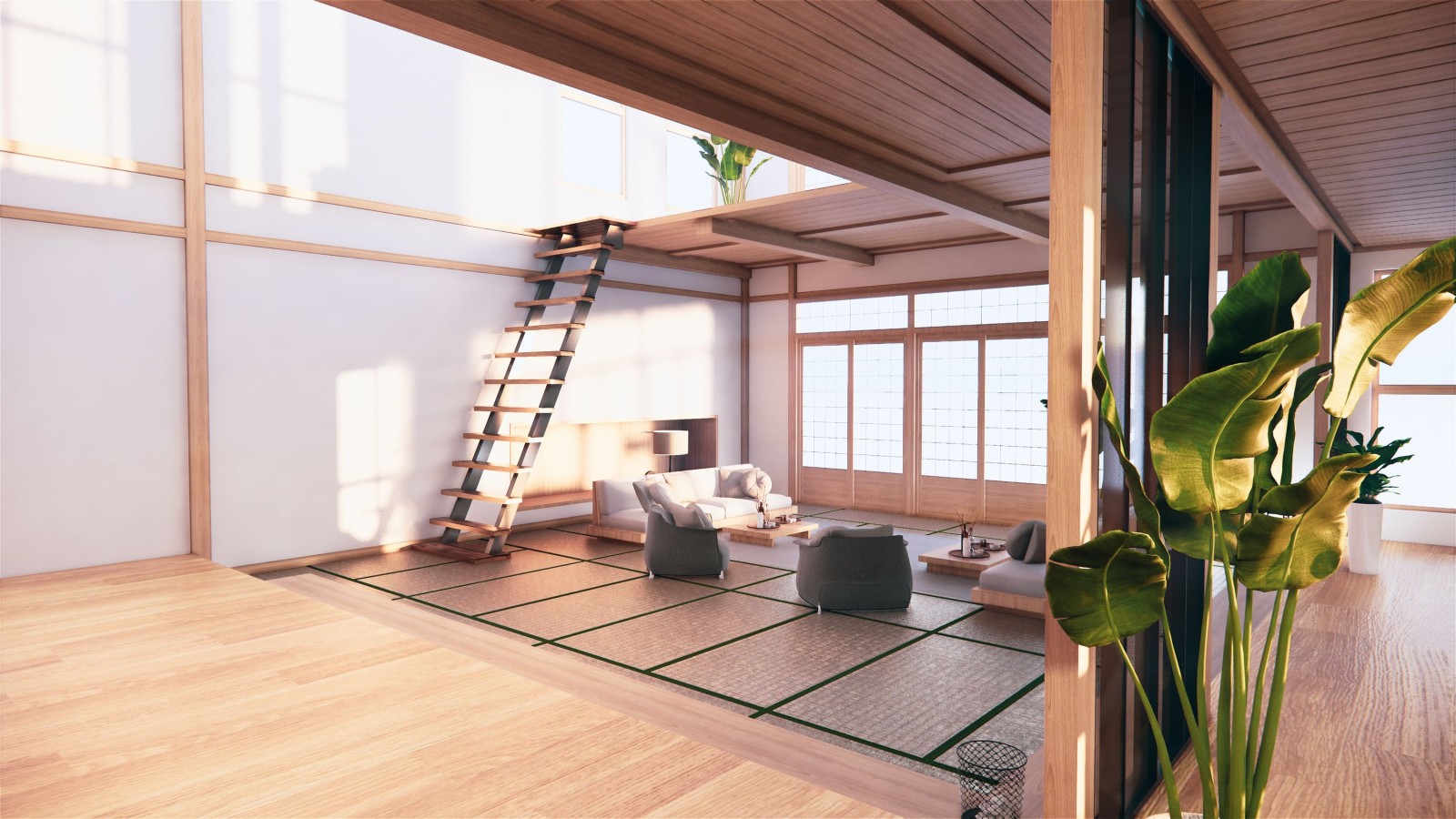 Wnętrze pierwszego piętra dwupiętrowego domu w japońskim stylu. Renderowanie 3D