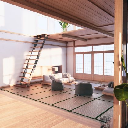 Wnętrze pierwszego piętra dwupiętrowego domu w japońskim stylu. Renderowanie 3D