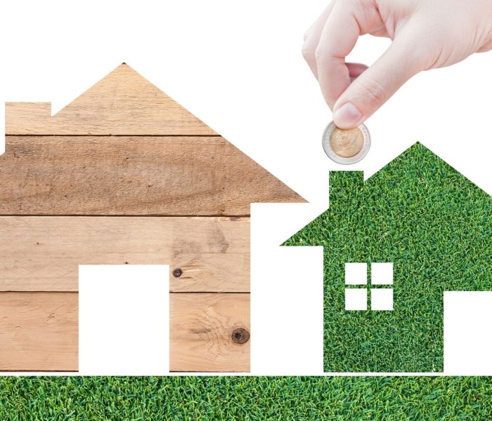 Moneta Ręka trzymająca ikonę domu w naturze jako symbol hipoteki Wymarzony dom na tle natury izolowany na białym tle