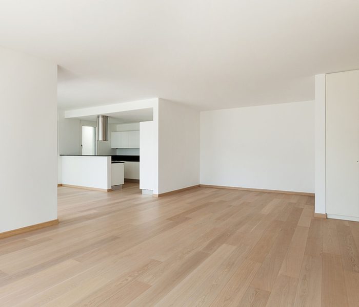 Wnętrze, domowa kuchnia nowoczesnego apartamentu, widok z salonu