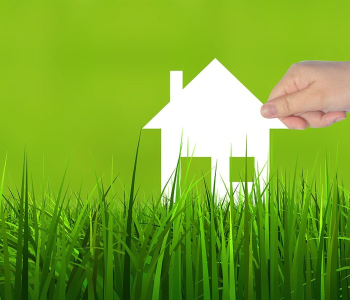 Koncepcja lub koncepcyjny symbol domu z białego papieru trzymany w dłoni przez kobietę na tle zielonej letniej trawy, metafora budownictwa, eko, ekologii, pożyczki, kredytu hipotecznego, nieruchomości, biznesu, inwestycji lub domu