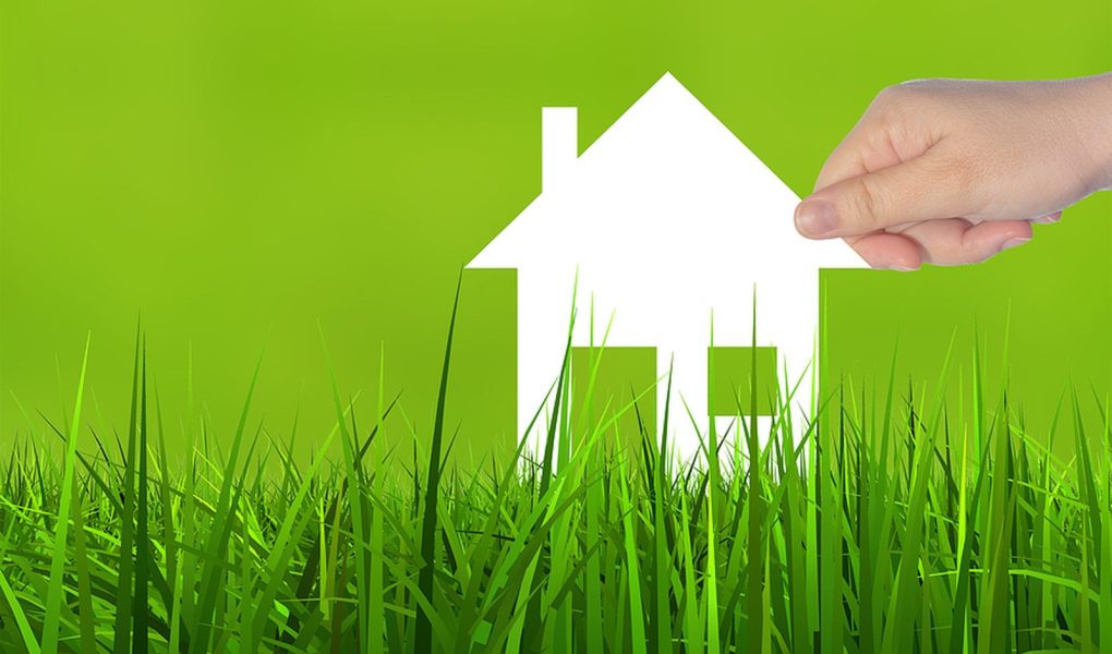 Koncepcja lub koncepcyjny symbol domu z białego papieru trzymany w dłoni przez kobietę na tle zielonej letniej trawy, metafora budownictwa, eko, ekologii, pożyczki, kredytu hipotecznego, nieruchomości, biznesu, inwestycji lub domu