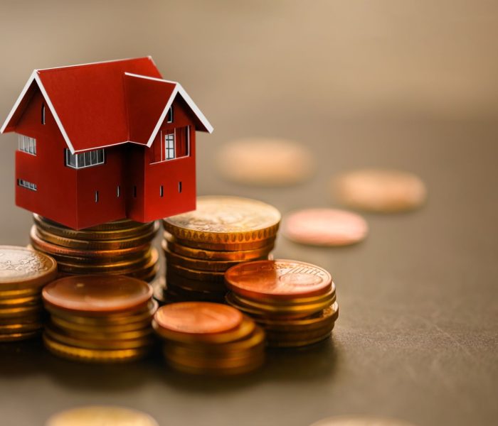 Miniaturowy dom na stosie monet. Pojęcie inwestycji w nieruchomości, pożyczek na nieruchomości, kredytów hipotecznych, podatków