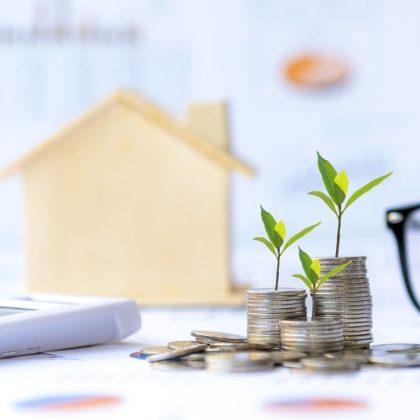 Inwestor nieruchomości. Rośliny rosnące na stosie monet pieniężnych na inwestycje w domu zielone tło natury. Inwestycyjny fundusz hipoteczny finansowanie i oprocentowanie kredytu mieszkaniowego. Koncepcja inwestycji