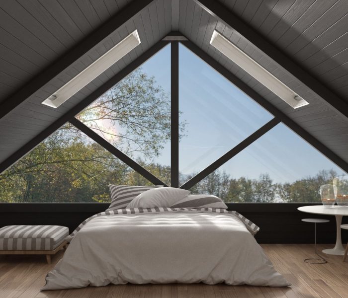 Klasyczna antresola z dużym panoramicznym oknem, sypialnia, letnia lub wiosenna łąka ogrodowa, minimalistyczny skandynawski wystrój wnętrz, ilustracja 3d